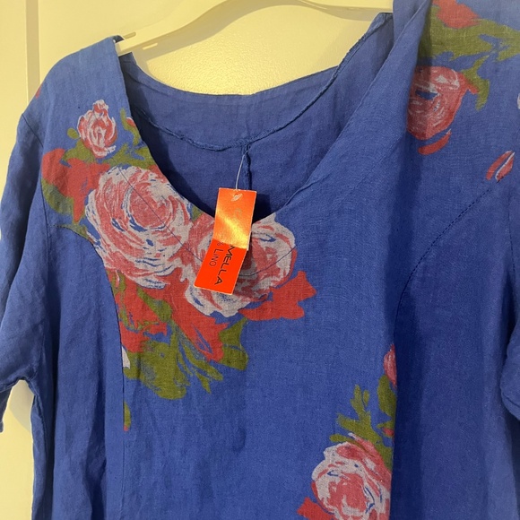 Carmella 100% Linen Tunic Made in Italy Pockets Blue Shirt Floral XXL NWT - Picture 4 of 11